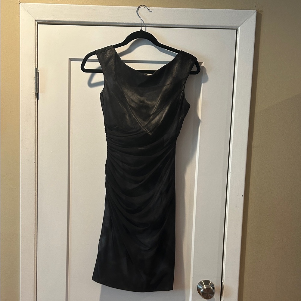 Maggy London Black Shimmer Ruched Mini Dress